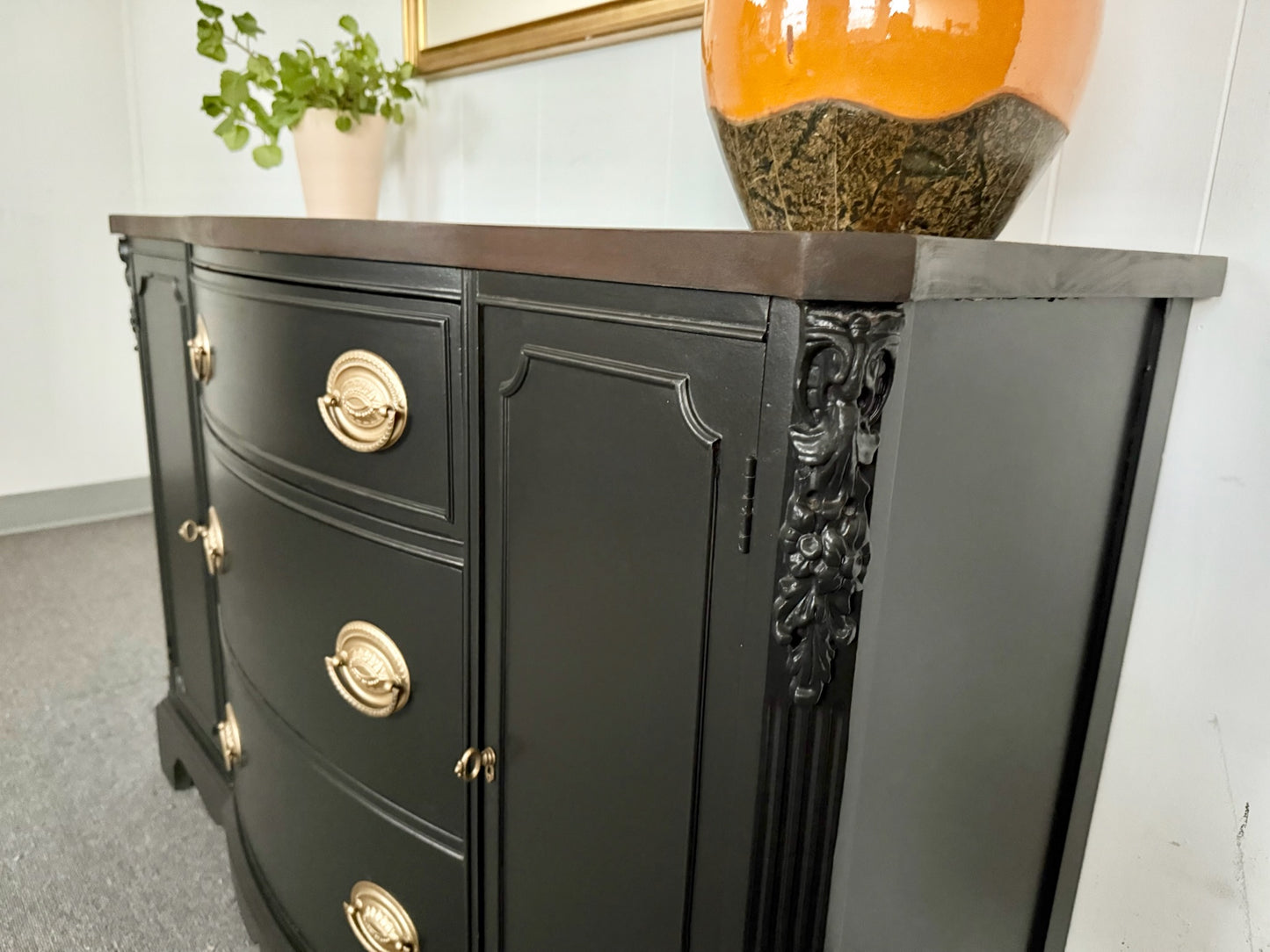 Black Hepplewhite Buffet with Walnut-Stained Top