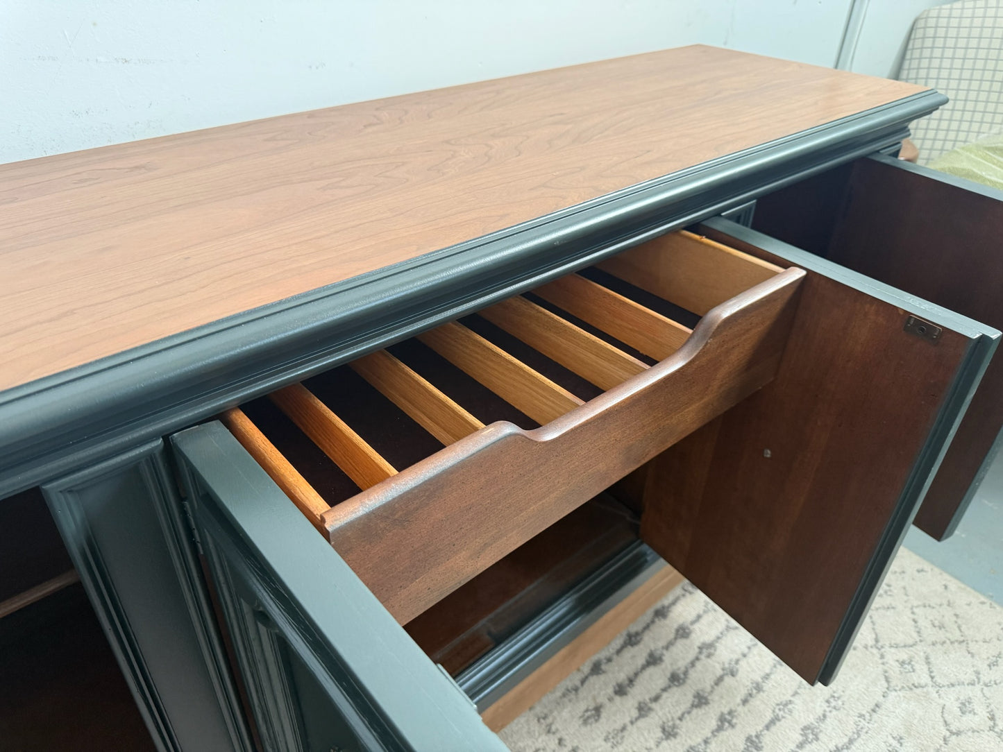 Deep Green Buffet with Custom Wood Base