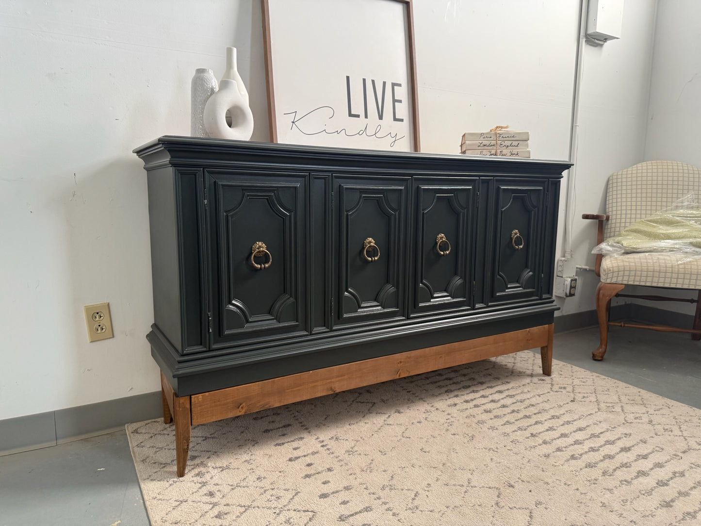 Deep Green Buffet with Custom Wood Base