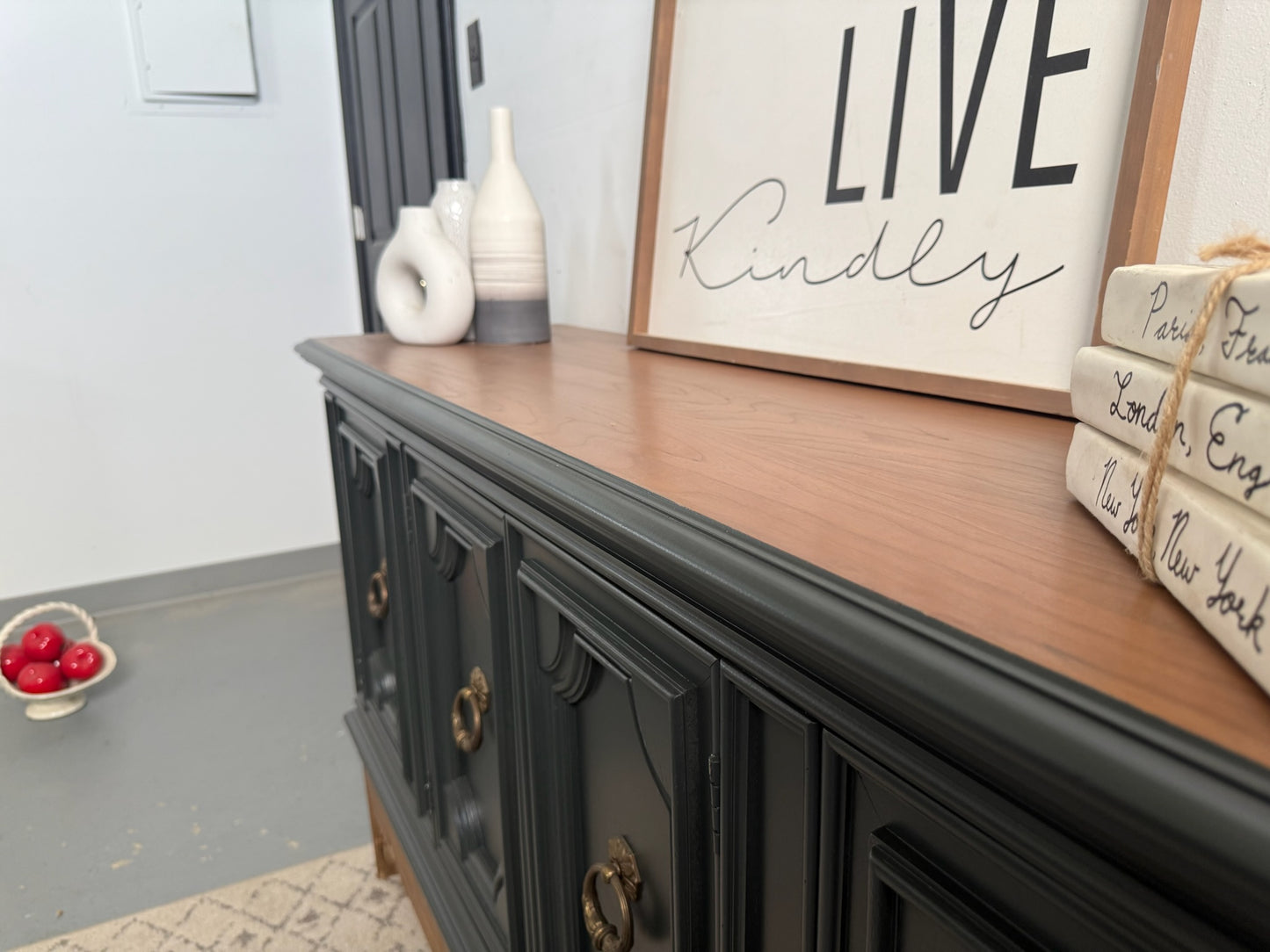 Deep Green Buffet with Custom Wood Base